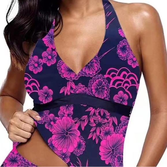 Floral Purple and Navy 2 Piece Tankini Halter Top and Skort Swimsuit Women Sz. S - Picture 11 of 12